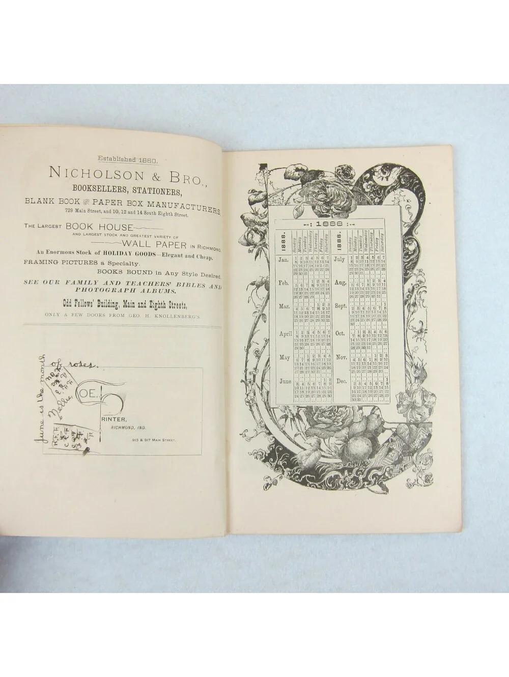 1888 George H Knollenbergs Illustrated Almanac Richmond Indiana Advertising RARE
